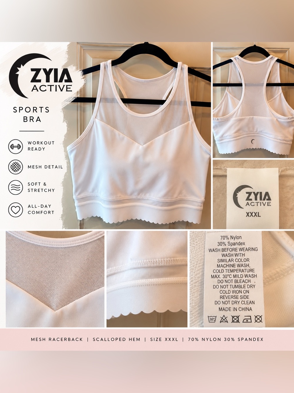 ZYIA Active White Mesh Racerback Sports Bra XXXL Scalloped Hem